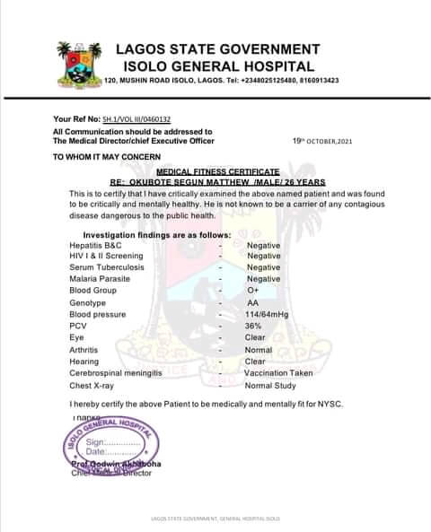 Sample of nysc medical fitness certificate 